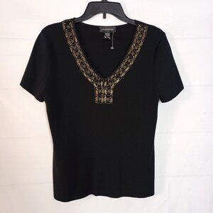 Cable & Gauge Black Beaded V-Neck Blouse L Elegant Top Party Wear